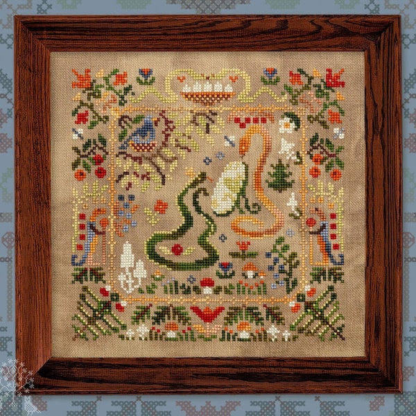 Cross Stitch Printed Pattern, “The Little Wood Folk, Snakes”, Owlforest Embroidery, forest critter sampler, woodland animal, owl, autumn