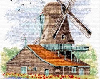 Cross Stitch Kit, "Windmill, Holland", windmill scenery, cottage, mill, barn, European, flower field, farmhouse, DIY craft kit, Oven Co.