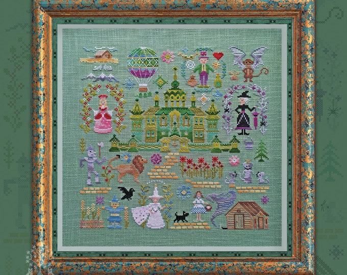Featured listing image: Ship from US, Owlforest Embroidery Cross Stitch Kit, "Emerald City", Wizard of Oz, original design, hand-dyed DMC threads, new and sealed