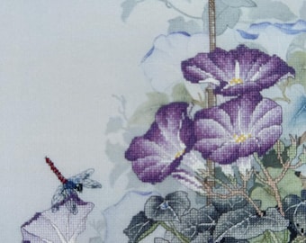 Counted Cross Stitch Kit, "Morning Glory", Xiu Crafts, original watercolor design, oriental fine art, floral, nature, garden cross stitch