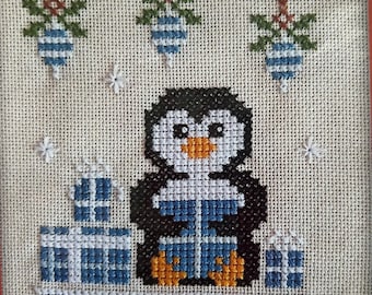 Cross Stitch Kit "Who is the Gift?" beginner cross stitch adorable festive holiday animal decor blue gift boxes penguin snowman NeoCraft kit