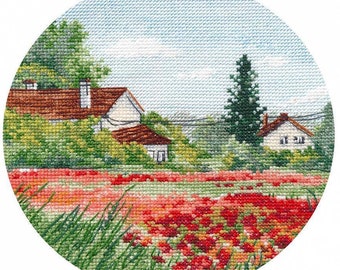 Cross Stitch Kit, "Miniature, Poppies", cottage, poppy field, garden, floral, tree, farmhouse decor, DIY craft kit, Oven Company