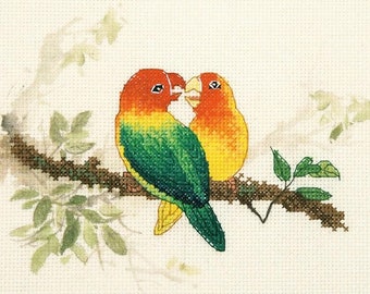 Cross Stitch Kit "Rose-Faced Love Birds", popular beginner kit, printed background, all inclusive fun to stitch beautiful result Xiu Crafts
