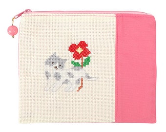 Cross Stitch DIY Pouch Kit  "Cat" pre-sewn zipper coin purse organizer cosmetic bag learn counted cross stitch fun easy unique handmade gift