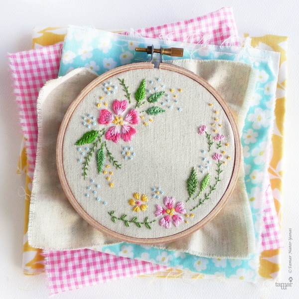 Stickpackung, “Circle of Flowers”, sommer fun Handwerk jugendlich therapeutisch einfach floral Handstickerei vorgedrucktes Muster Stich Anleitung