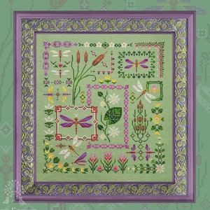 Cross Stitch Pattern, &quot;Ringing Dragonflies&quot;, printed chart, floss fabric set option, Owlforest Embroidery, dragonfly sampler, garden, floral
