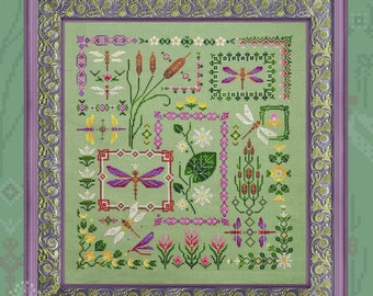 Cross Stitch Pattern, "Ringing Dragonflies", printed chart, floss fabric set option, Owlforest Embroidery, dragonfly sampler, garden, floral