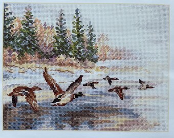 Cross Stitch Kit, "Flying Ducks" nature wildlife bird lake shore forest pine trees Alisa full kit 14CT counted
