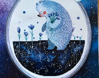 Cross Stitch Kit, "Flower - Starfall of the Spring" bear picking flowers whimsical adorable spring sprout root RTO full kit 14CT counted DMC