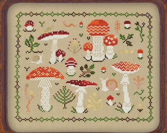 Printed Pattern, Fabric & Floss Set, "Fly Agarics", OwlForest Embroidery, hand-dye floss, mushroom, toadstool sampler, woodland sampler