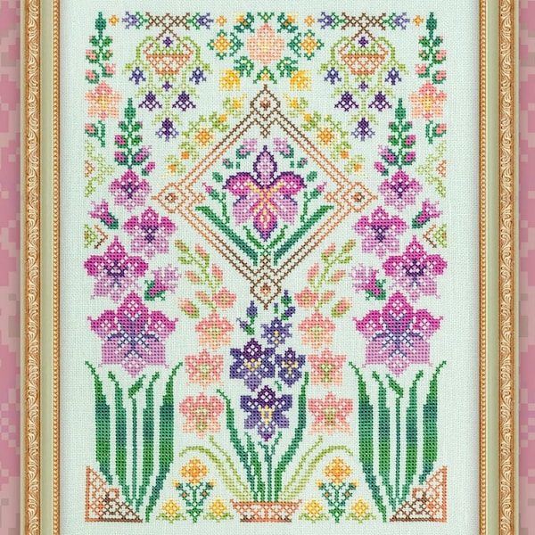 Cross Stitch Printed Pattern "Gladioli", OwlForest Embroidery, printed colored chart, Gladiolus sampler spring summer garden floral