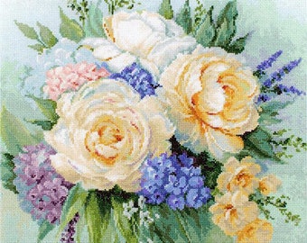 Cross Stitch Kit, Rose Bouquet, gorgeous cream roses, floral bouquet cross stitch, flower cross stitch, stunning design, spring cross stitch