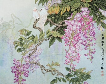 Counted Cross Stitch Kit, Xiu Crafts, "Birds Perch on Wisteria", fine art cross stitch, spring, summer, garden, bird, blossom, nature theme