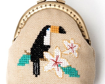 Cross Stitch Kit "Tucan" clasp purse craft kit coin purse cosmetic bag cute organizer 28 CT counted cross stitch adorable design unique gift