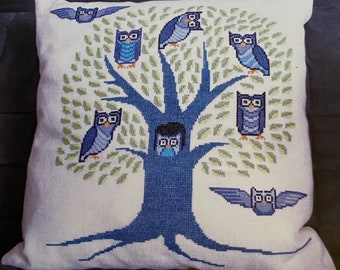 Cross Stitch Kit, "Owls in Woods", cute fun owl theme, " Ugler I træ", Danish Handcraft Guild, pillow cover, modern wall art