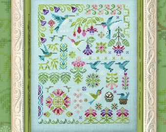 Cross Stitch, "Hummingbirds", OwlForest Embroidery, printed colored chart, bird sampler, hummingbird sampler, hand-dyed floss set