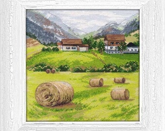Cross Stitch Kit, "Tuscany", landscape cross stitch, Italy, hay field, farm, mountain, village, cottage decor, DIY craft kit, embroidery