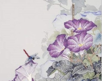 Counted Cross Stitch Kit, "Morning Glory", Xiu Crafts, original watercolor design, oriental fine art, floral, nature, garden cross stitch