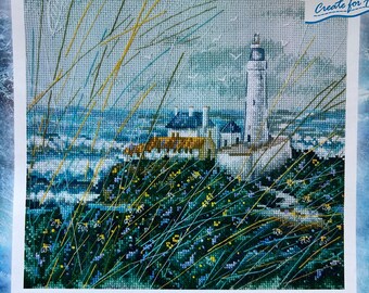 Cross Stitch Kit "Stormy Sea" lighthouse seascape cloudy ocean view cliff house seashore wildflowers garden RTO full kit 14CT counted DMC