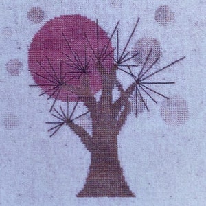 May include: A stylized illustration of a tree with a large pink circle behind it. The tree has a thick brown trunk and many thin branches that extend outward. The background is a light gray with a pattern of small white dots.
