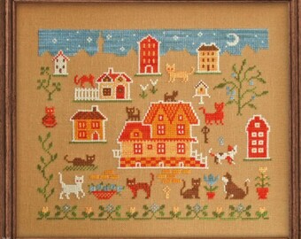 Cross Stitch Kit "City of Cats" cat town night sky country house sampler adorable colorful fun design premium maker Owlforest Embroidery