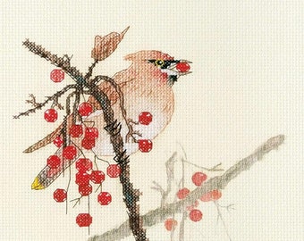 Counted Cross Stitch Kit "Waxwing", high quality full beginner's kit, beautiful nature scene, Xiu Crafts, great gift