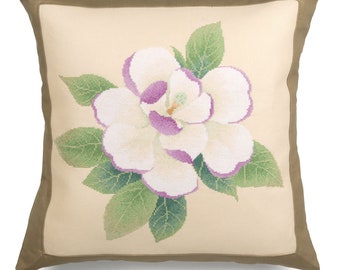 Cross Stitch Pillow Cover Kit, Magnolia, pre-sewn border, hand-sewing project, decorative pillow garden floral blossom decor elegant classic