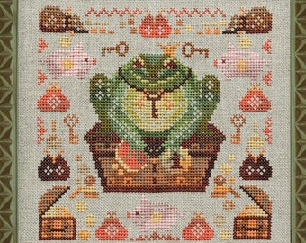 Cross Stitch Kit, "Thrifty Toad" OwlForest Embroidery commical toad with keys to piggy bank treasure trunk fun cross stitch hand-dyed DMC