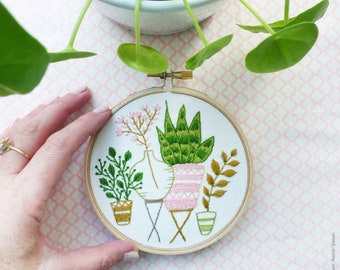 Beginner Embroidery Kit, "Pink and Green Houseplants", unique embroidery, flower embroidery kit, botany embroidery, unique embroidery