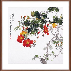 Kreuzstichpackung, Sommerbrise, Trompete, Schlingpflanze, rote Blume Sommergarten Blumenkreuzstich gennäht, klassische orientalische Aquarellkunst