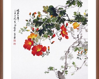 Cross Stitch Kit, "Summer Breeze", trumpet creeper, red flower summer garden floral cross stitch Xiu Crafts classic oriental watercolor art