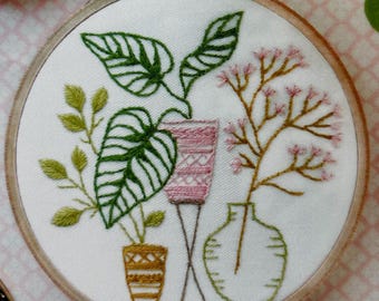 Embroidery Kit " Pink and Green Leaves", summer fun craft teen tween therapeutic beginner hand embroidery preprinted pattern stitch guide