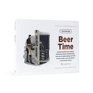 Puede incluir: Un libro titulado "Beer Time" con una ilustración vintage de un hombre sacando cerveza de un barril. El libro es un libro de actividades de trazado y dibujo con más de 30 dibujos de patentes para recrear.