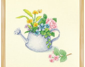 Counted Cross Stitch Kit, "Flowers in Watering Can", Xiu Crafts, floral cross stitch, garden cross stitch, premium quality, great gift