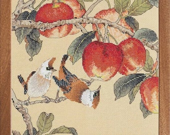 Cross Stitch Kit, "Apple Tree", plentiful apples, lively bird, orchard, unique authentic oriental art, garden, nature, Xiu Crafts