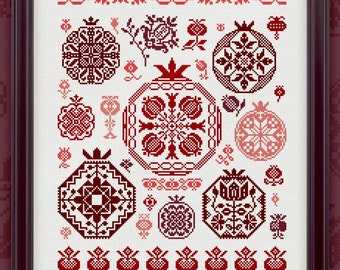 Cross Stitch Pattern, "Pomegranate Quaker", printed colored chart, OwlForest Embroidery, motif sampler, unique, original design, pomegranate