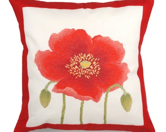 Cross Stitch Pillow Cover Kit, Red Poppy, pre-sewn border, hand-sewing project decorative pillow garden floral blossom decor elegant classic