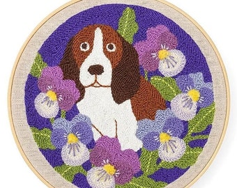 Punch Needle Kit, "Garden Dog", travel friendly beginner project, colorful adorable punch needle art, dog, garden, spring, floral, pansies