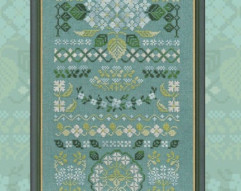 Cross Stitch "Blue Hydrangea" OwlForest Embroidery 40CT intricate floral beautiful border sampler hand-dyed variegated floss printed pattern