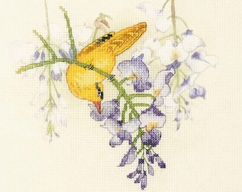 Cross Stitch Kit "Oriole", complete beginner counted cross stitch kit, beautiful wild bird scene, elegant oriental watercolor, Xiu Crafts