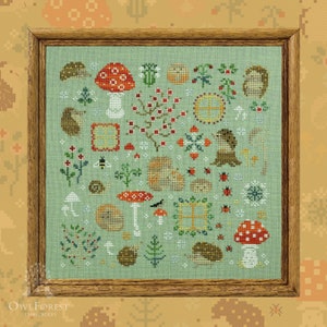 Cross Stitch Pattern, &quot;Hedgehog Meadow&quot;, OwlForest Embroidery, printed colored chart, garden sampler, hedgehog sampler, cottagecore decor