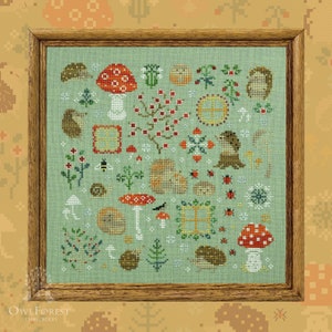 Cross Stitch Pattern, "Hedgehog Meadow", OwlForest Embroidery, printed colored chart, garden sampler, hedgehog sampler, cottagecore decor