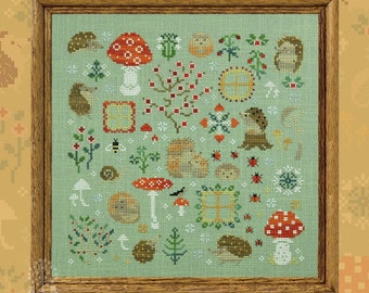 Cross Stitch Pattern, "Hedgehog Meadow", OwlForest Embroidery, printed colored chart, garden sampler, hedgehog sampler, cottagecore decor