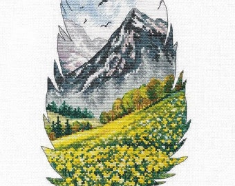 Cross Stitch Kit, Mountain collection, unique feather outline, magnificent mountain peak, wildflower field, nature, wildness, Oven Co.