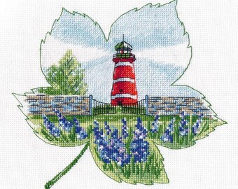 Cross Stitch Kit "Lighthouse of Närsholmen" of Sweden beautiful seashore scenery in leaf shape unique counted cross stitch Oven company