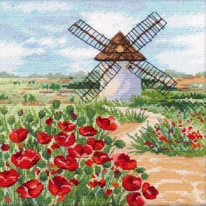 Cross Stitch Kit, &quot;Castilla-La Mancha Windmill&quot;, Spain, windmill, European scenery, poppy field, farmhouse decor, 16 CT, craft kit, Oven Co.