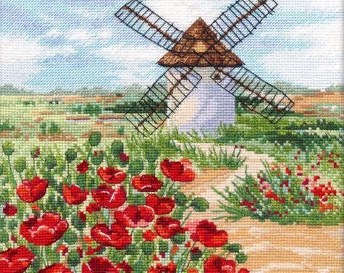 Featured listing image: Cross Stitch Kit, "Castilla-La Mancha Windmill", Spain, windmill, European scenery, poppy field, farmhouse decor, 16 CT, craft kit, Oven Co.