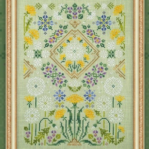 Cross Stitch "Dandelions" OwlForest Embroidery yellow dandelion flower white puffball embroidery sampler printed pattern hand-dyed floss