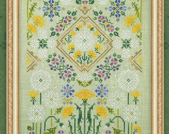 Cross Stitch "Dandelions" OwlForest Embroidery yellow dandelion flower white puffball embroidery sampler printed pattern hand-dyed floss