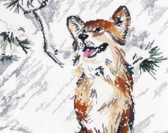 Cross Stitch Kit, "The First Snow Was Falling" smiling dog pine tree winter holidays Christmas snow wintry scene happy dog in snow brown dog